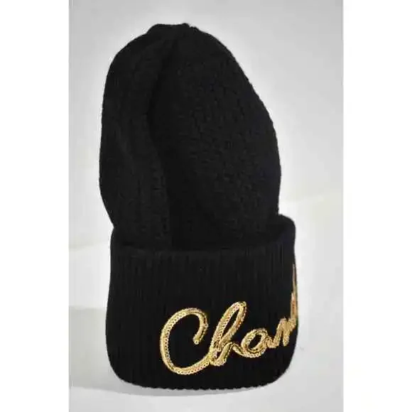 Chanel 22A Cashmere Black Gold Sequin CC Logo Beanie Winter Hat Cap Cloche - Picture 7 of 12